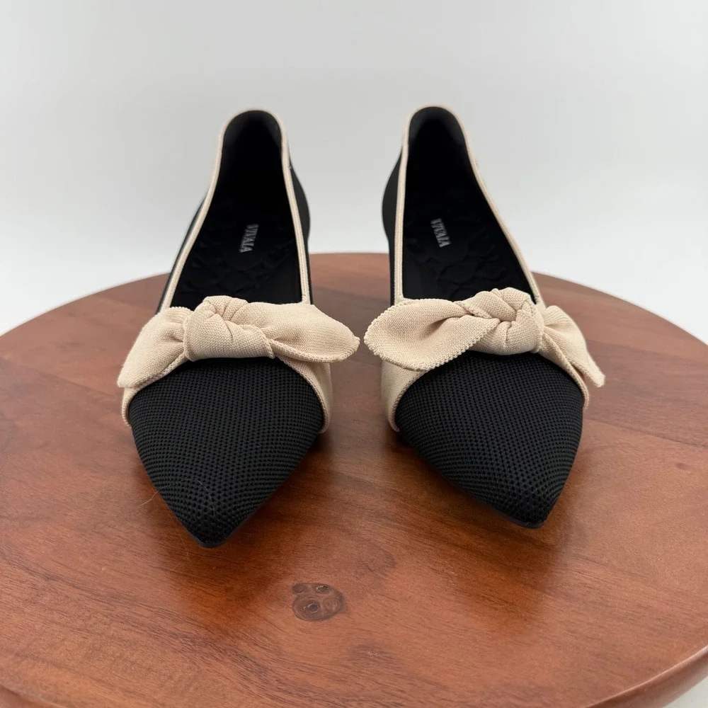 VIVAIA Kitten Heel Pumps Black Cream Bow Pointed Toe Knit Shoes Wmn EU42/US 10.5